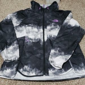 Black white and purple northface rain coat